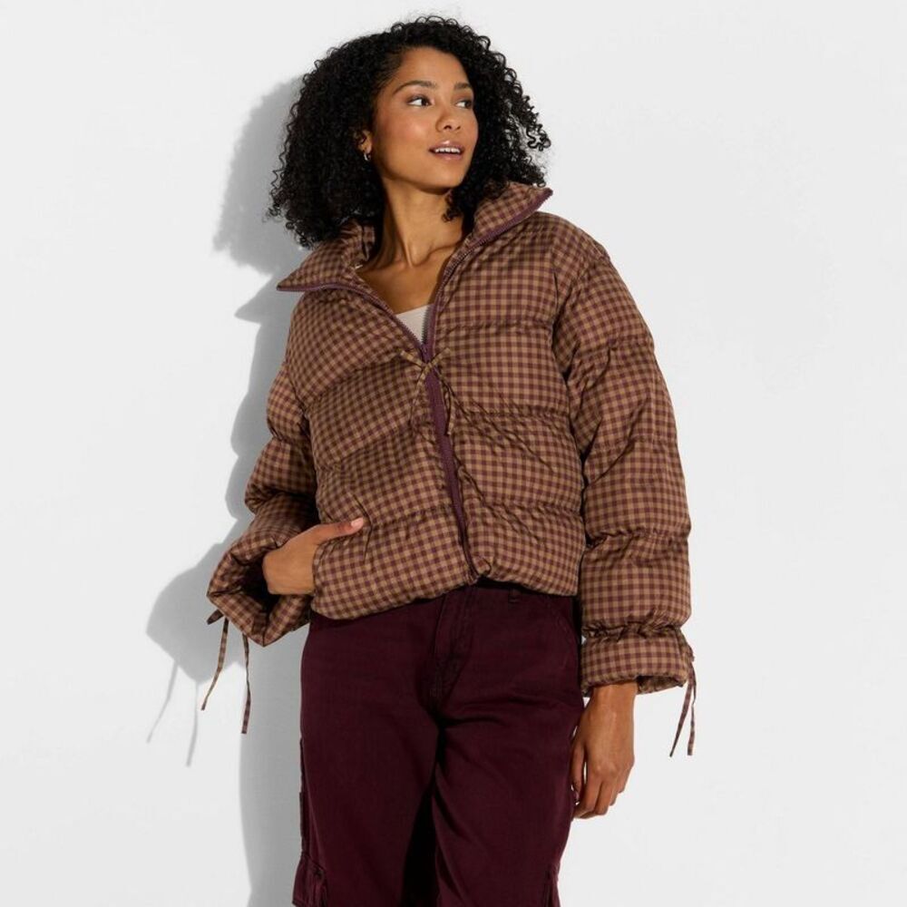 Women's Bow Puffer Jacket - Wild Fable Brown Gingham Check XS